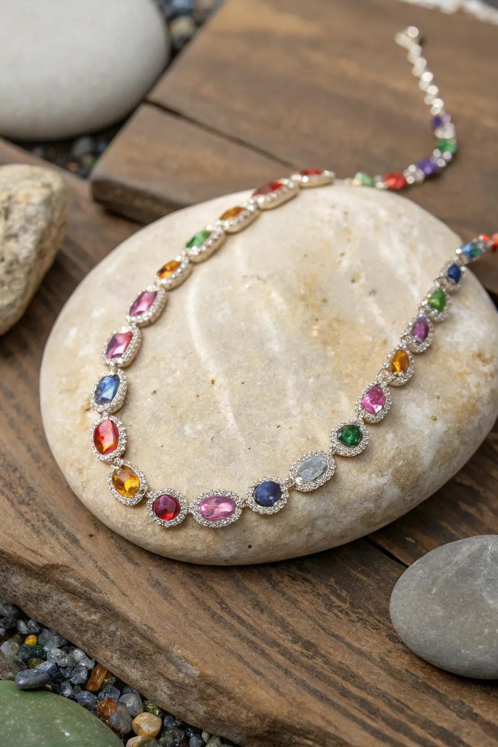 A vibrant necklace with colorful gemstone accents.