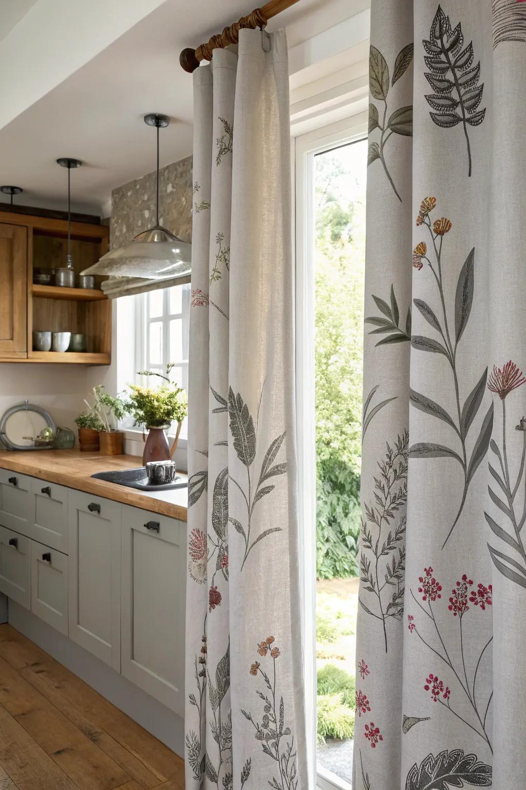 Nature-inspired prints on gray curtains for a calming kitchen atmosphere.