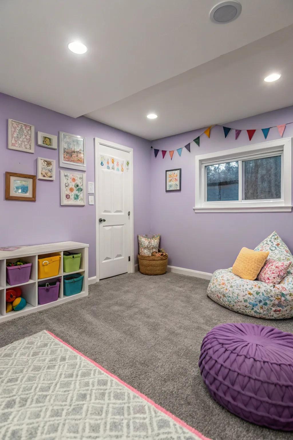 Lavender walls add whimsy and charm to grey carpeted rooms.