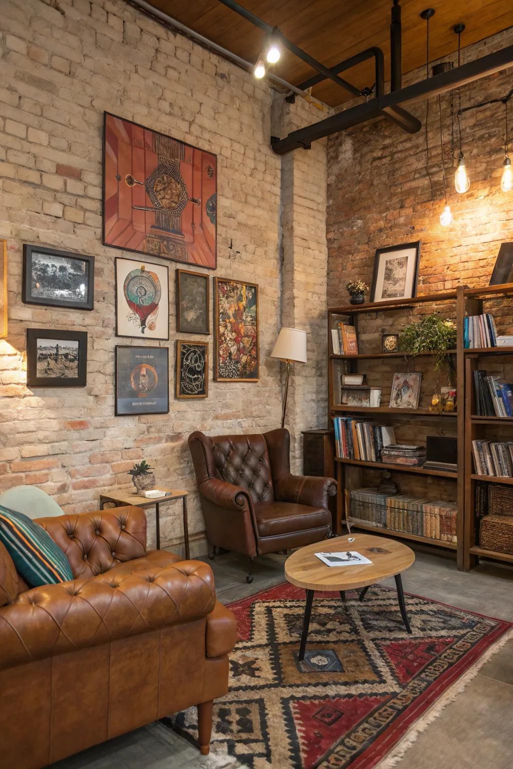 Uncovered brick walls introduce raw allure and authenticity.