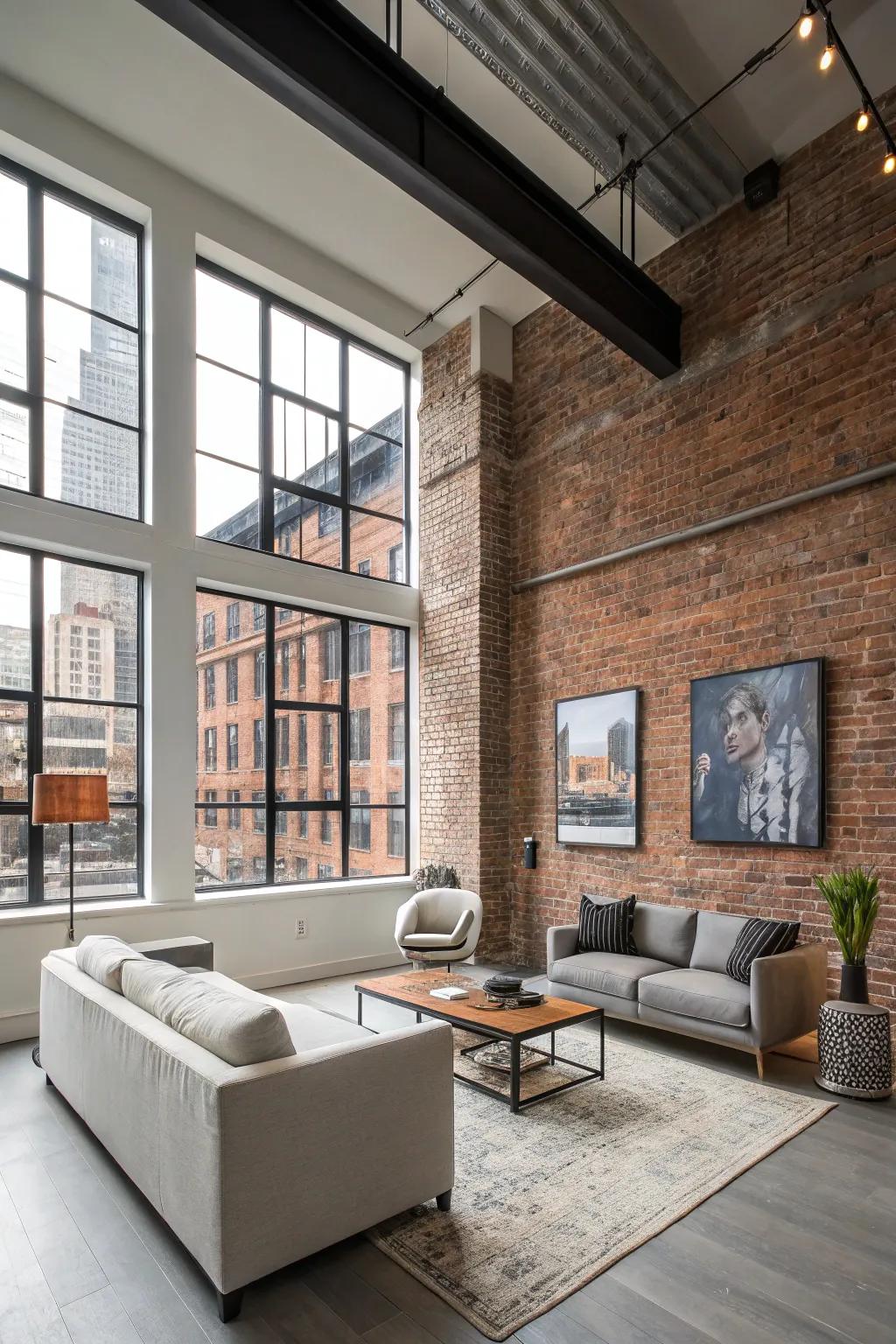 A modern loft with a brick accent wall paying homage to its industrial past.