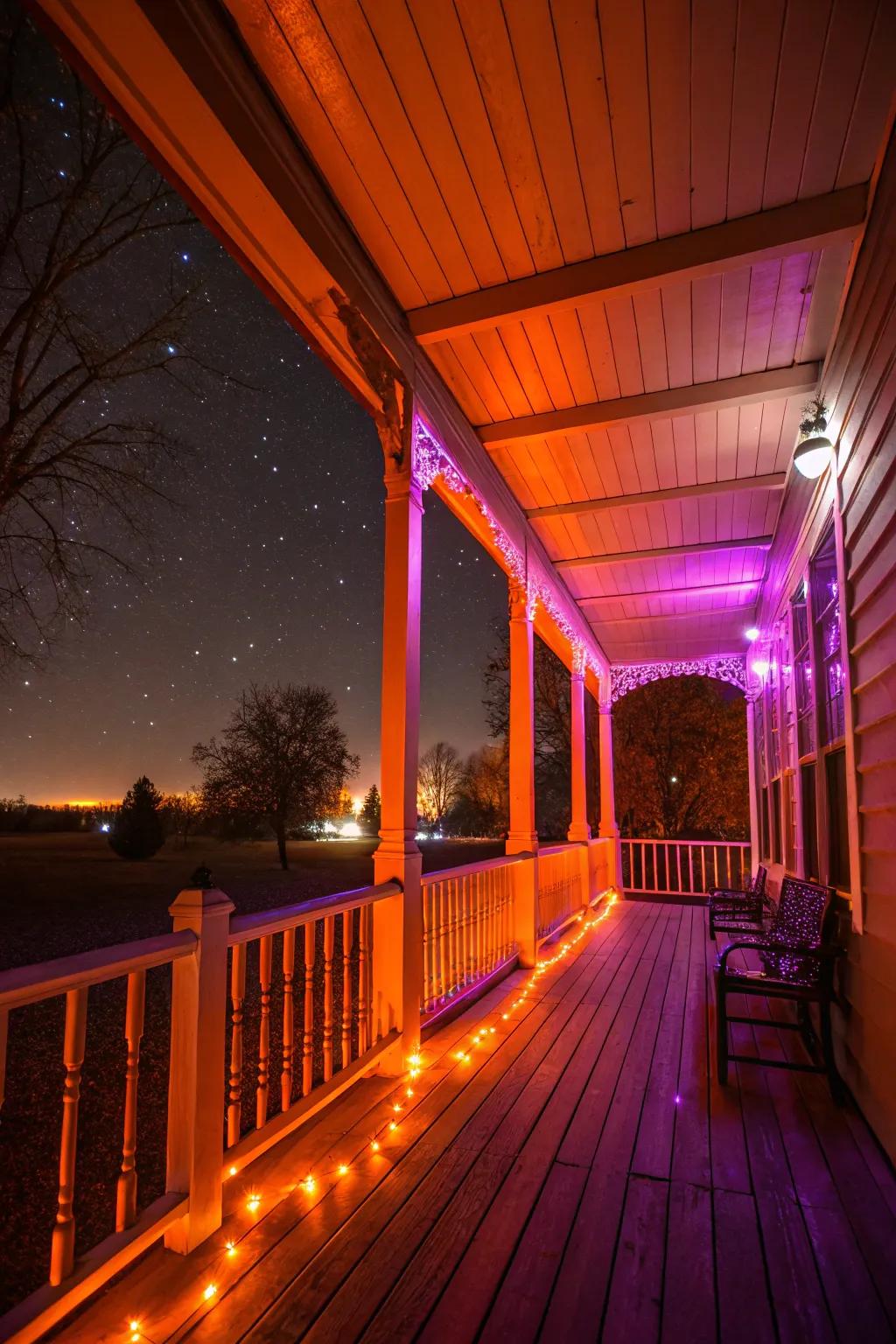 Colored lights cast an eerie glow, perfect for Halloween.