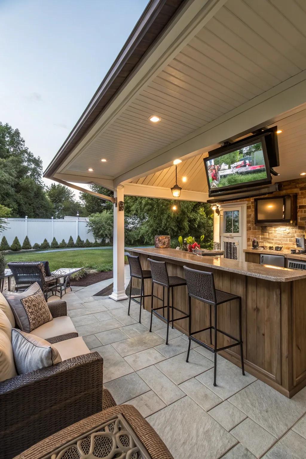 Blend indoor comforts with outdoor living for the perfect bar setting.