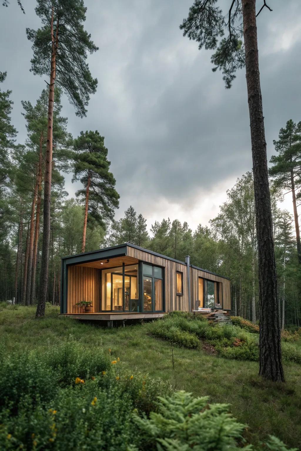 A segmented dwelling harmonizing with its natural surroundings.