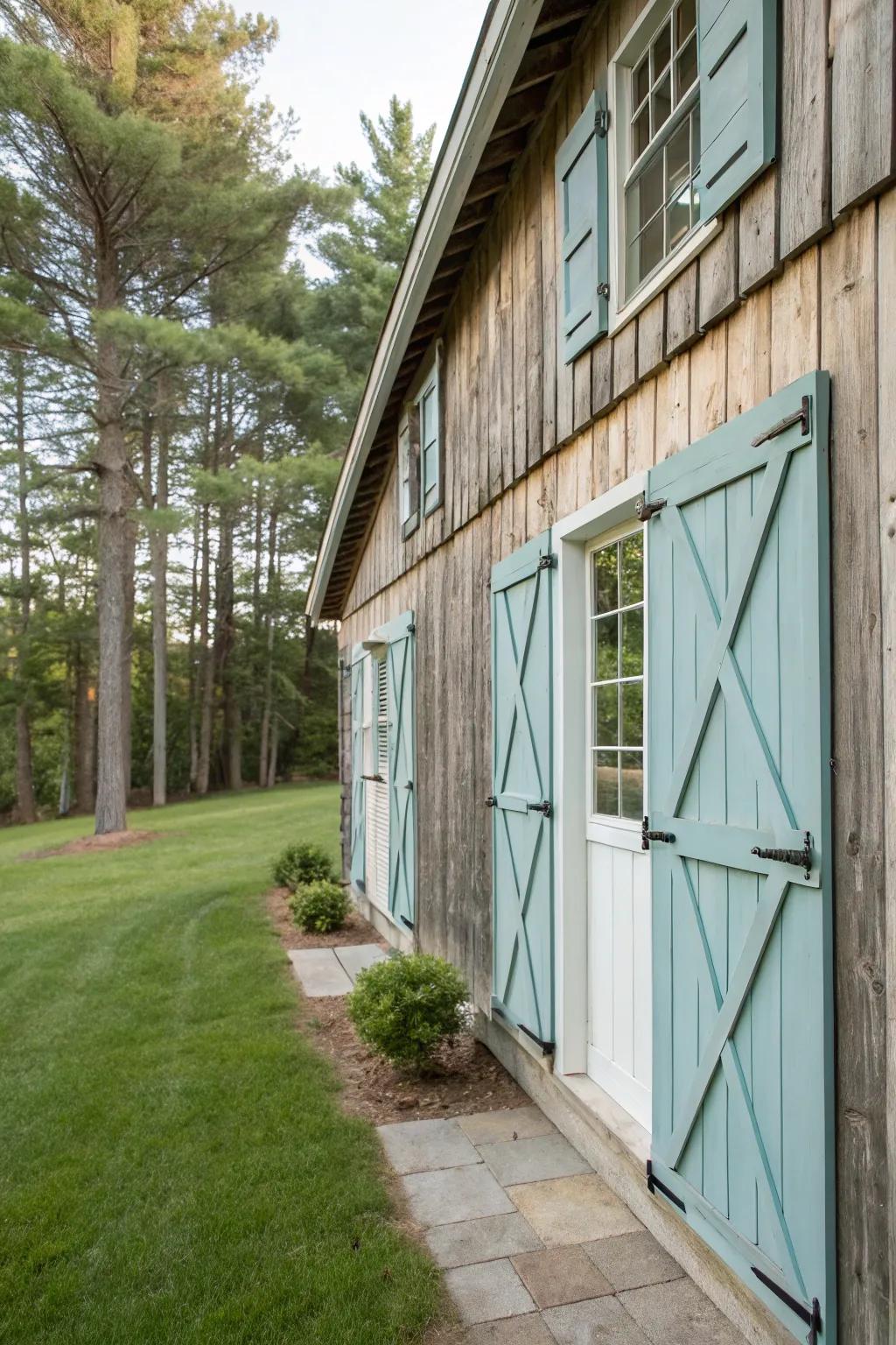 Barn-style shutters offer rustic charm and storm protection.