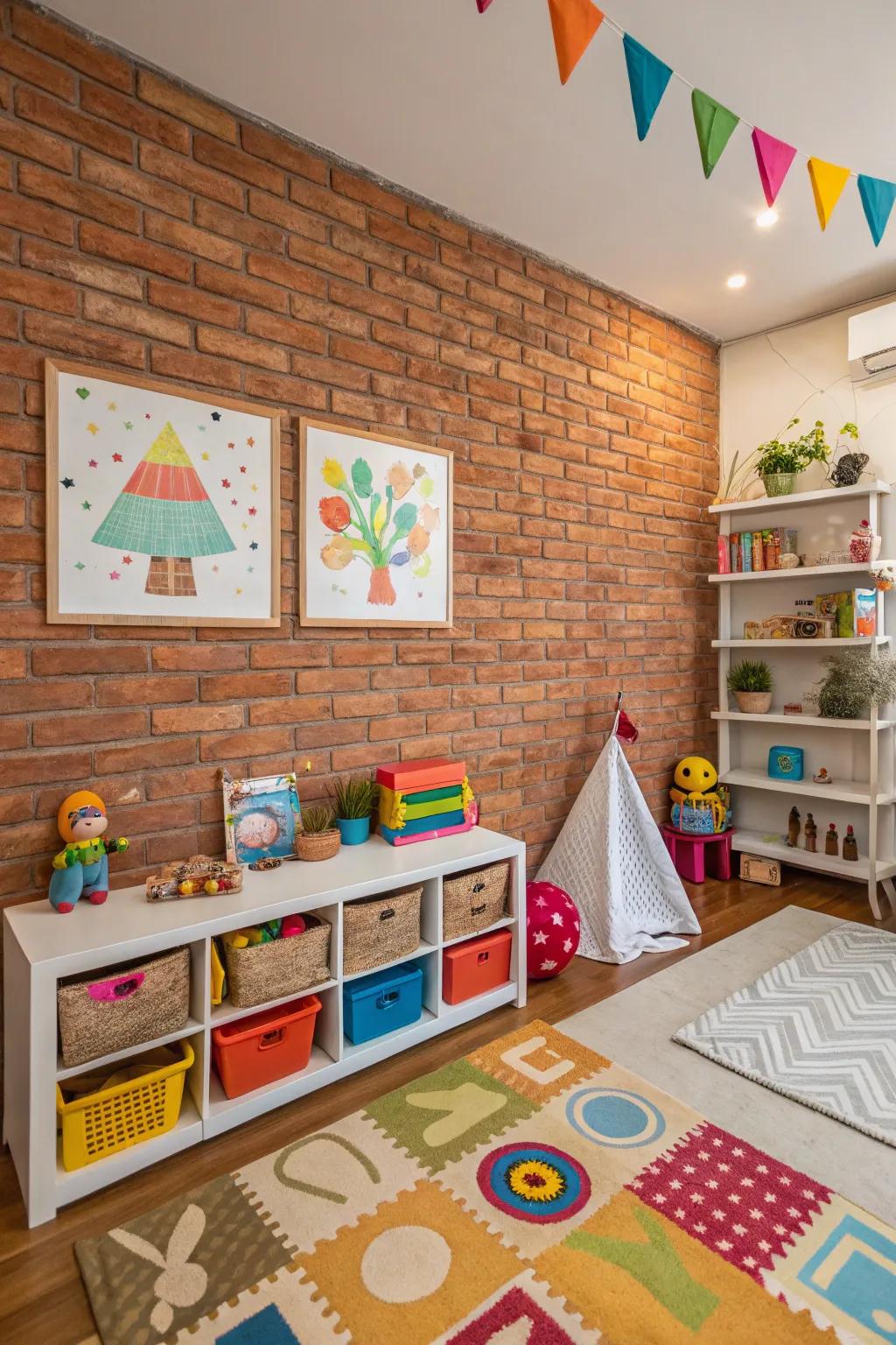 A cheerful kid's space with a brick facade, combining sophistication with playful features.