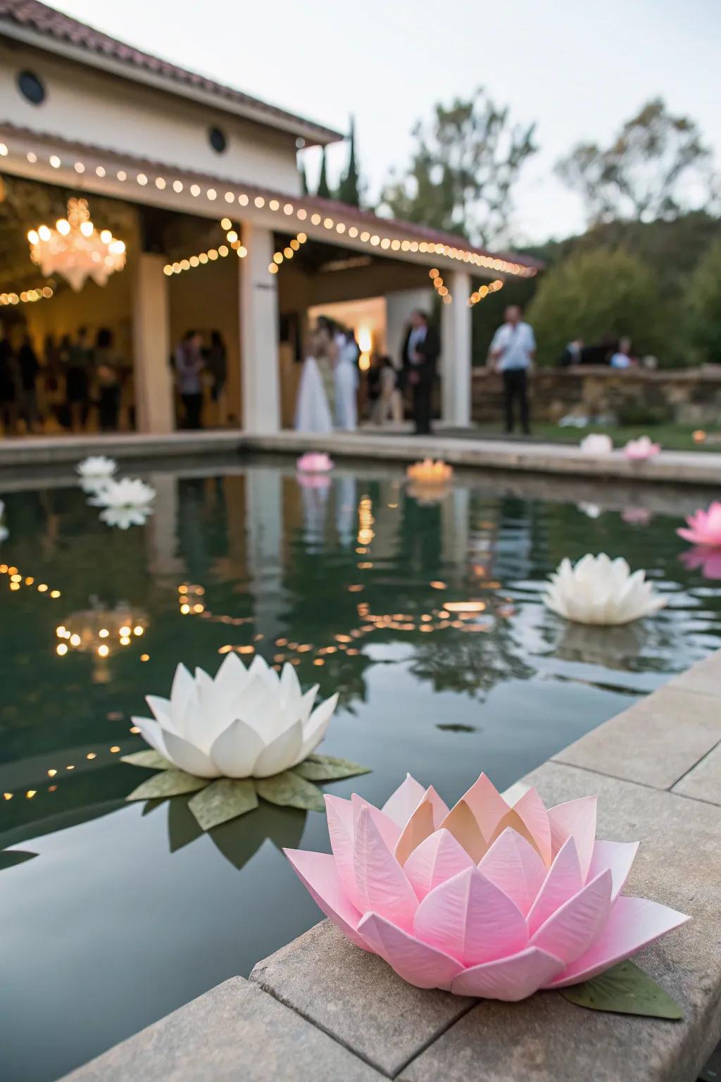 Floating origami lotus flowers for serene beauty.