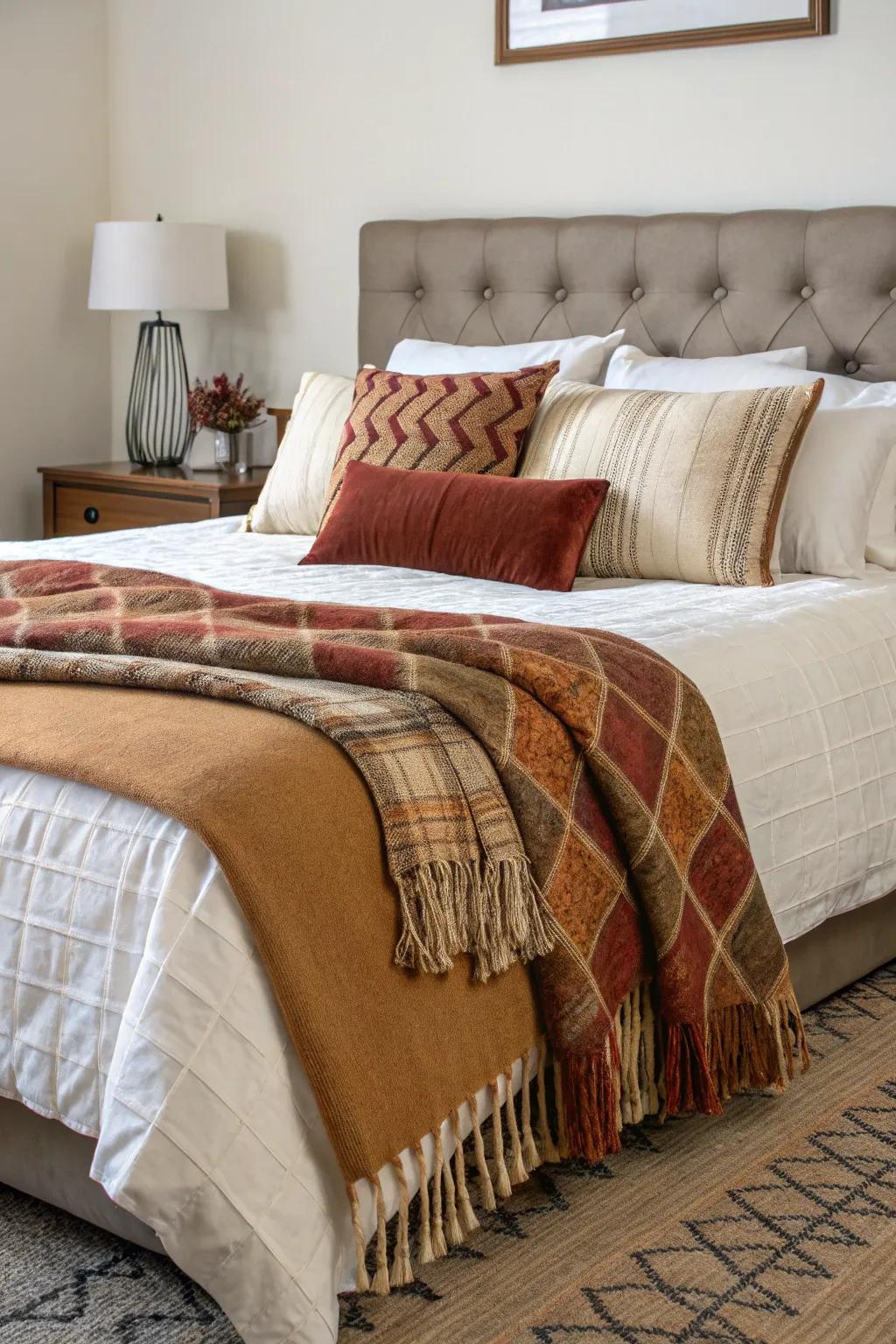 Seasonal bedding changes bring a fresh look to this king-sized bed.