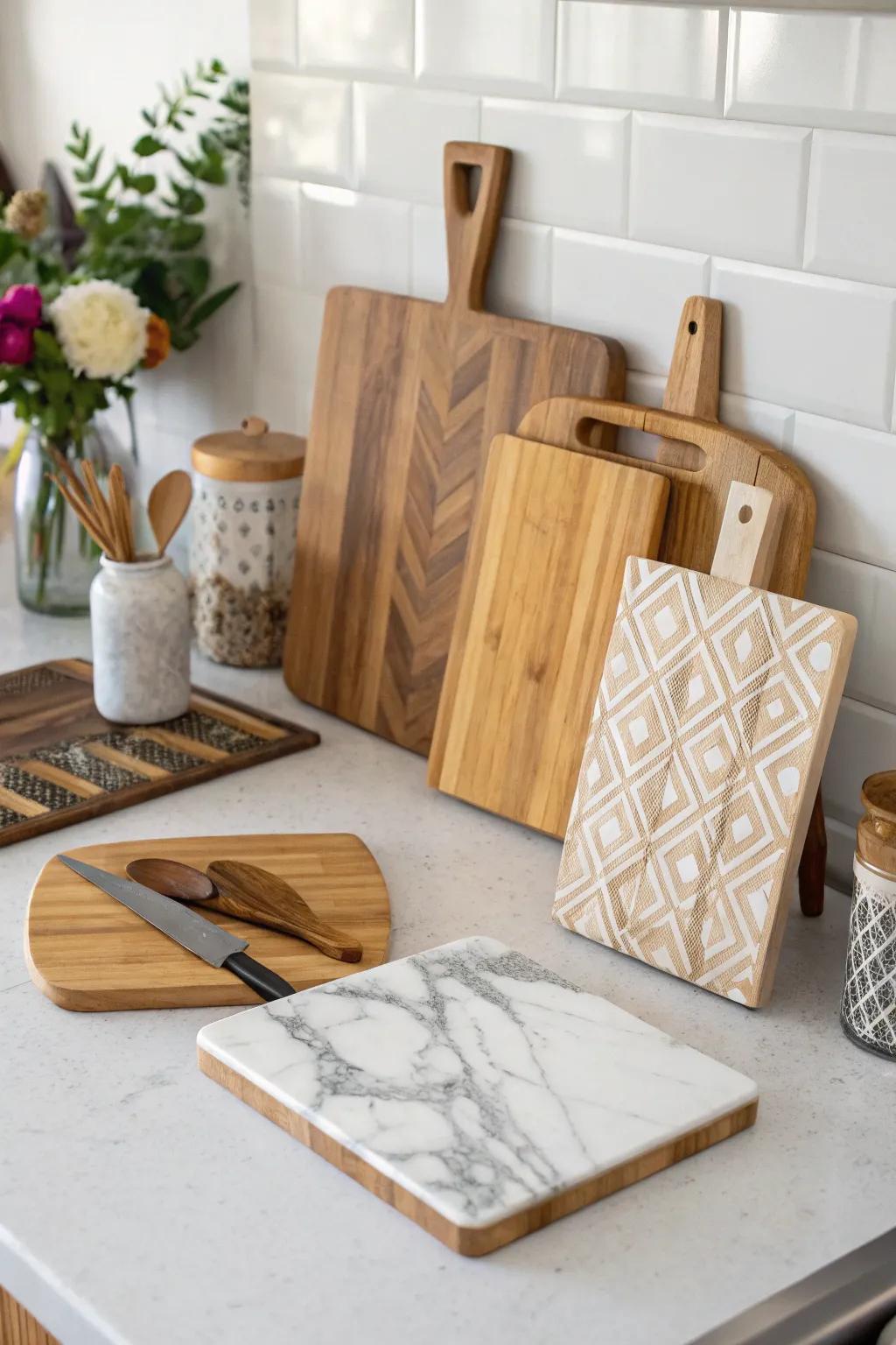 An assorted combination of prep boards introduces dynamic variety to the culinary space.
