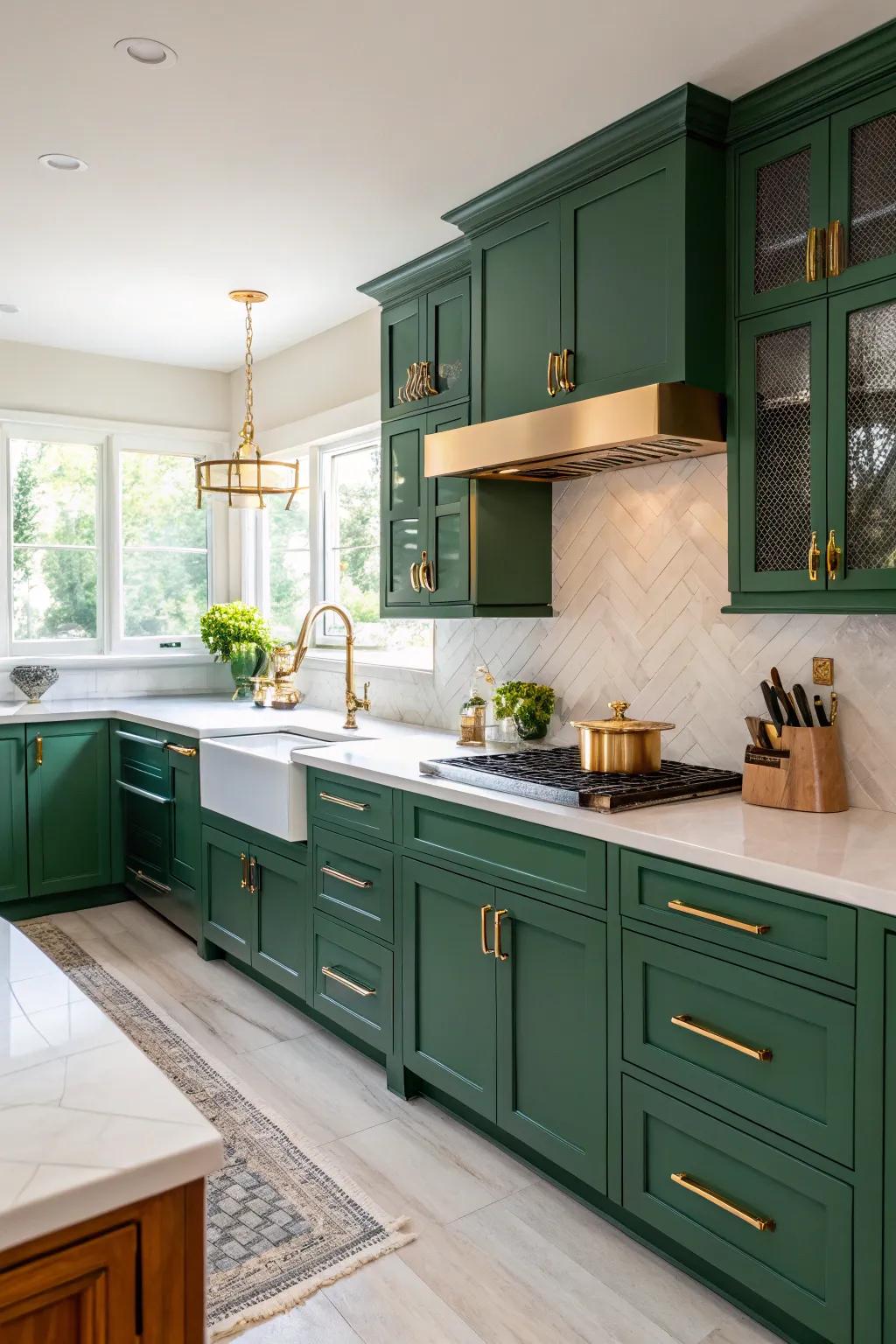 Elegant emerald green adds a touch of luxury to the kitchen.