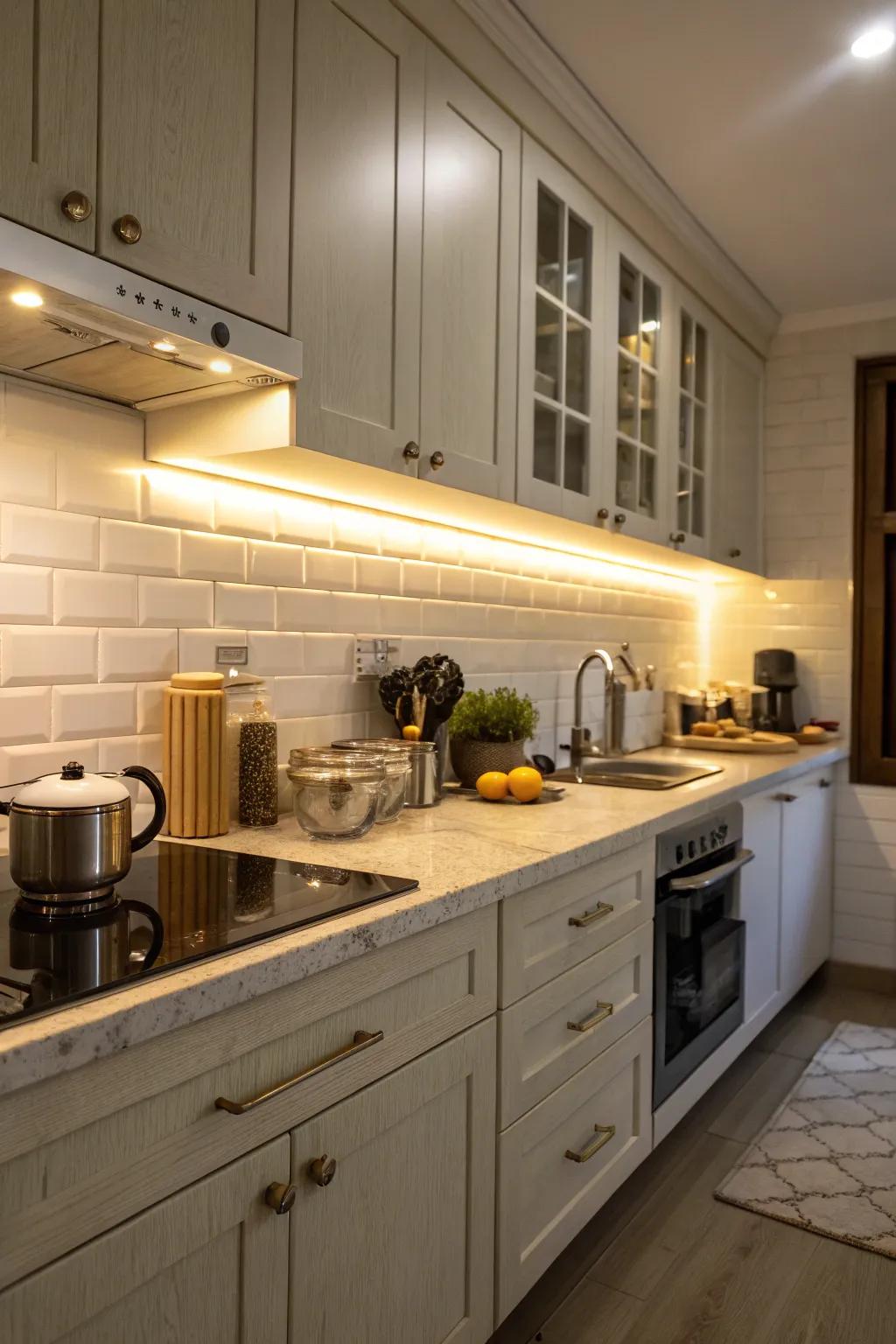 Under-cabinet lighting adds functionality and ambiance.