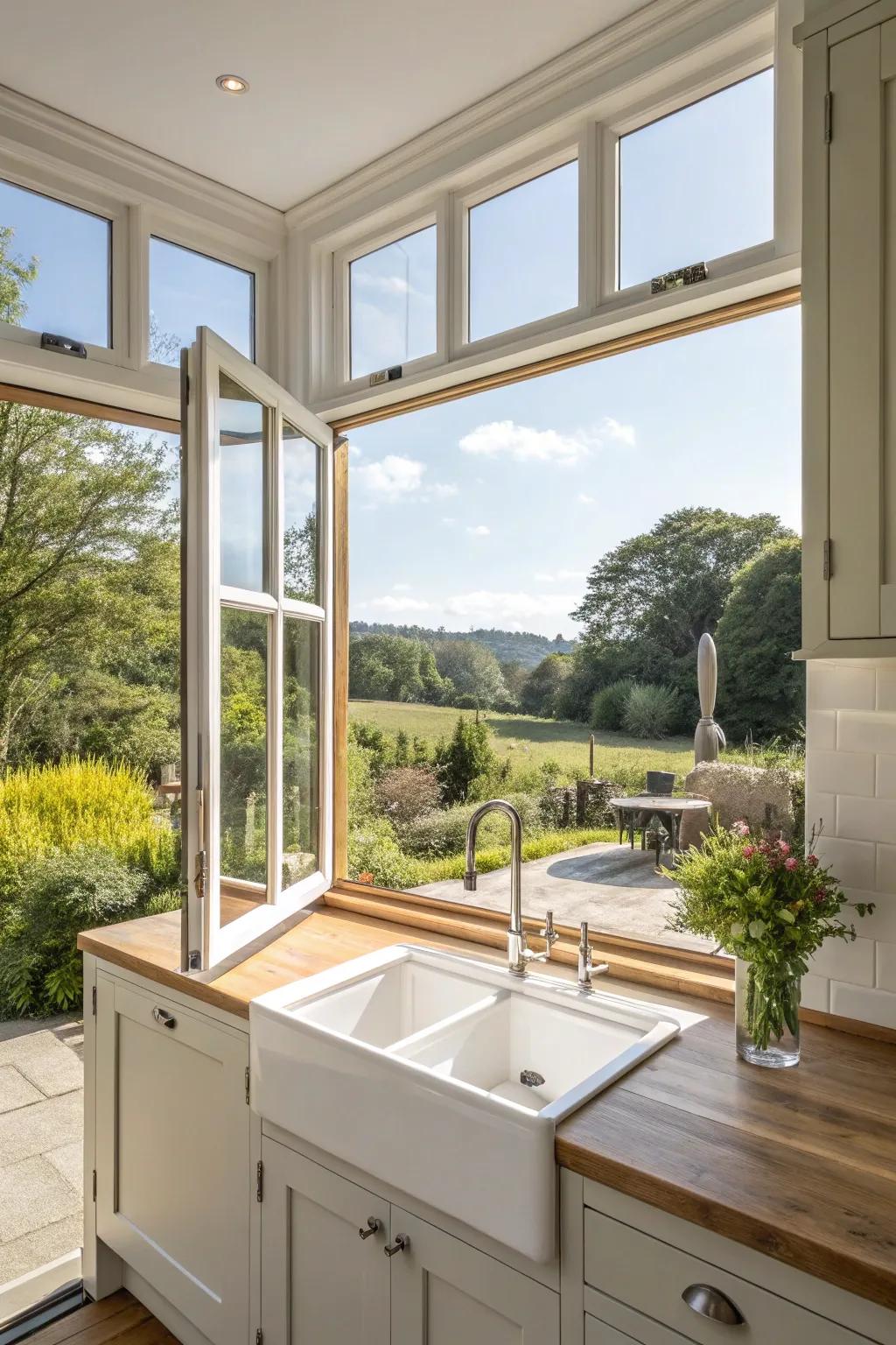 A kitchen with accordion windows forming an open, breezy setting.