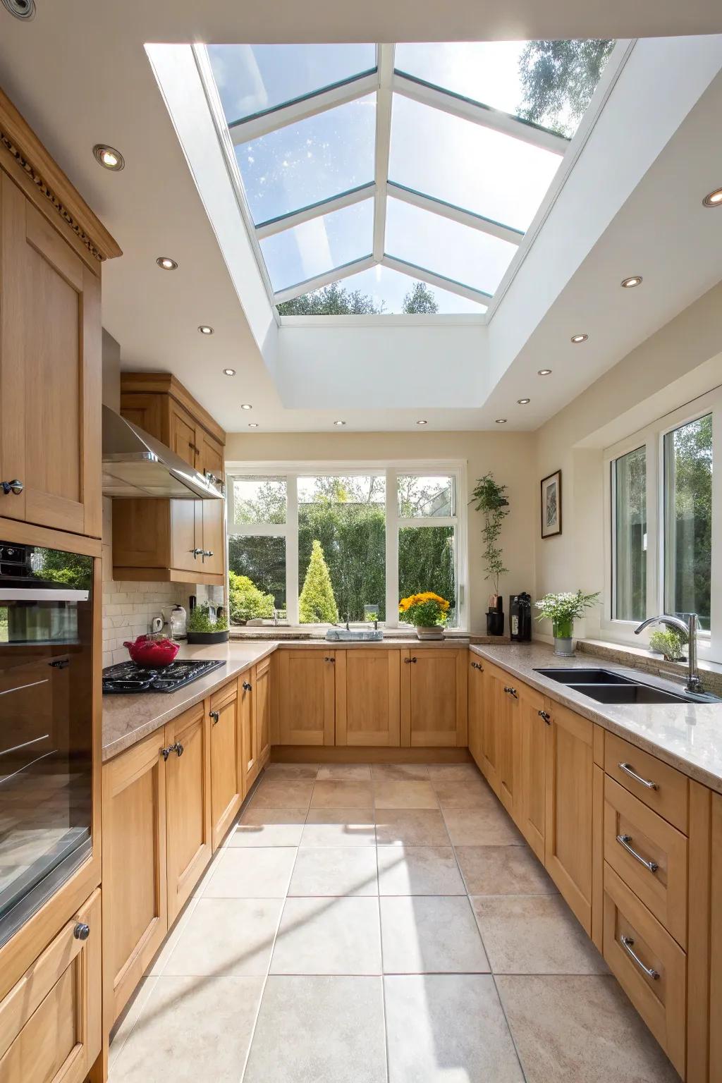 Natural light from skylights enhances mood and well-being in the kitchen.