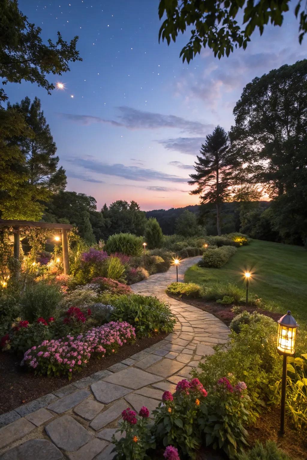 Garden lighting creates a magical evening ambiance.