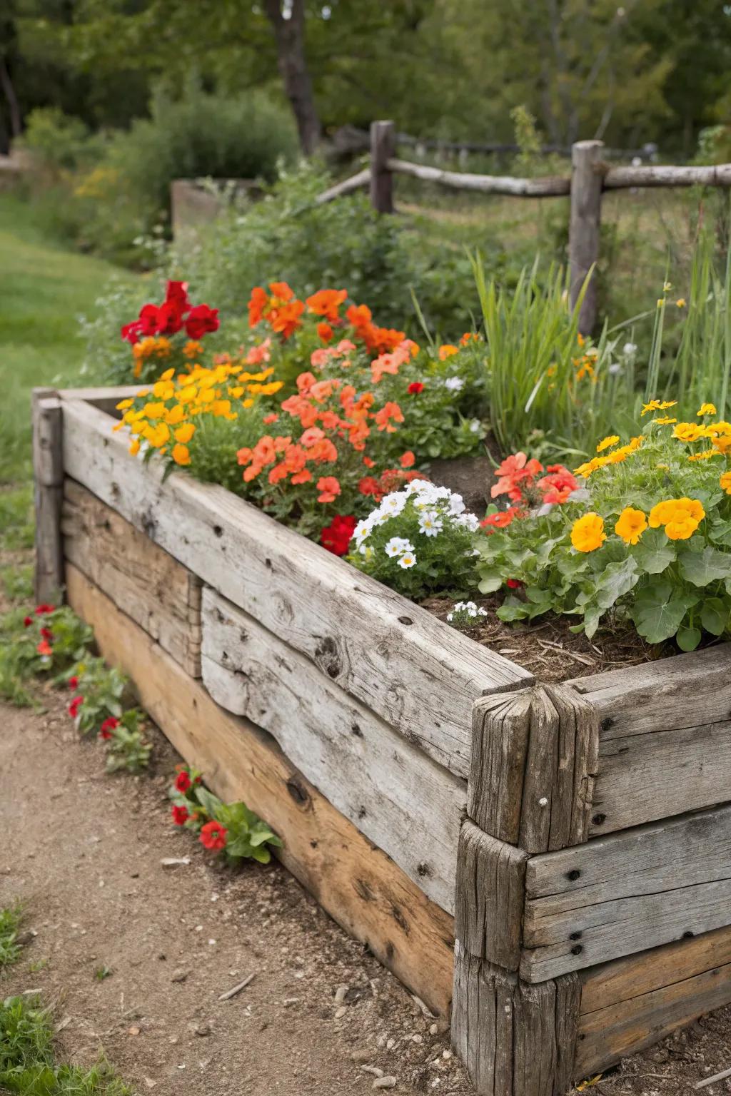 Reclaimed wood adds character and sustainability to garden beds.