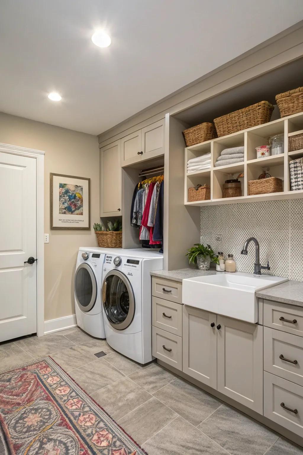 Dual-purpose cabinets integrate laundry and mudroom functions seamlessly.