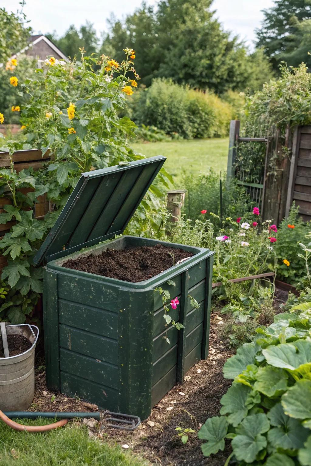 A garden compost bin provides nutrient-rich compost for a healthier lawn.