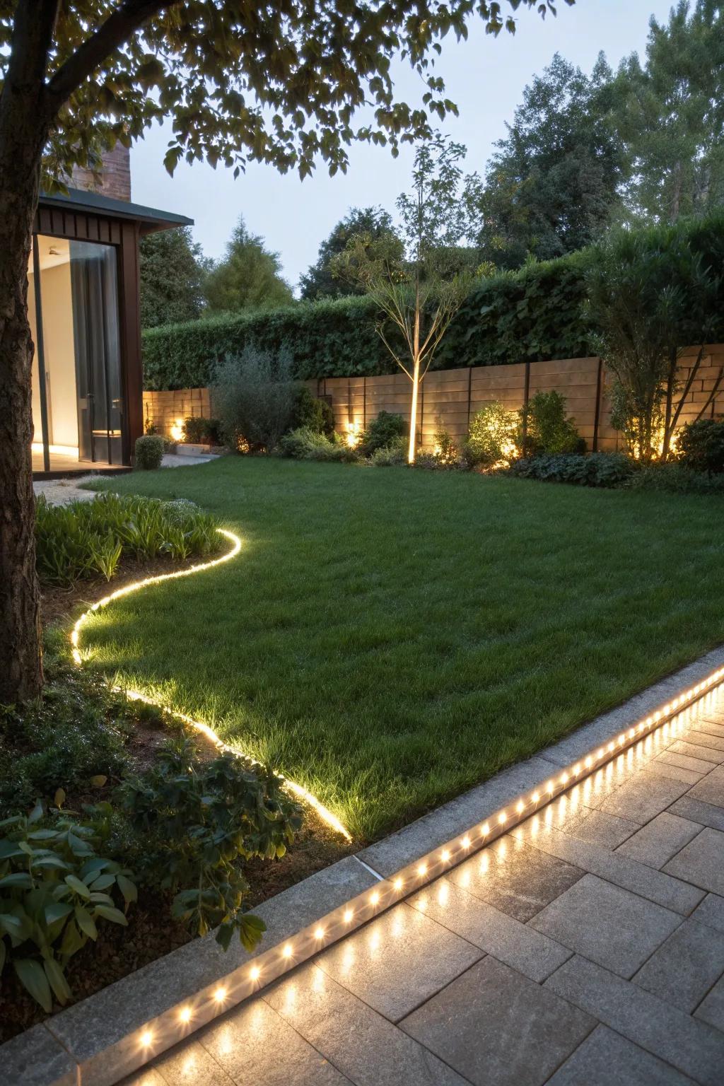 Elegantly framed lawns with LED strip lighting.