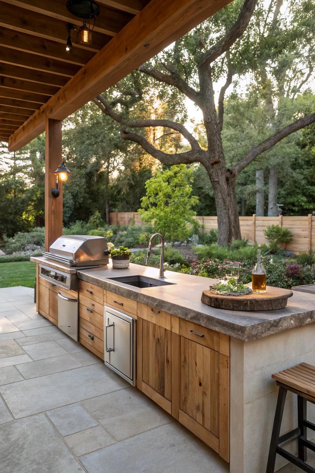 An outdoor kitchen enhanced by the natural charm of a live edge countertop.