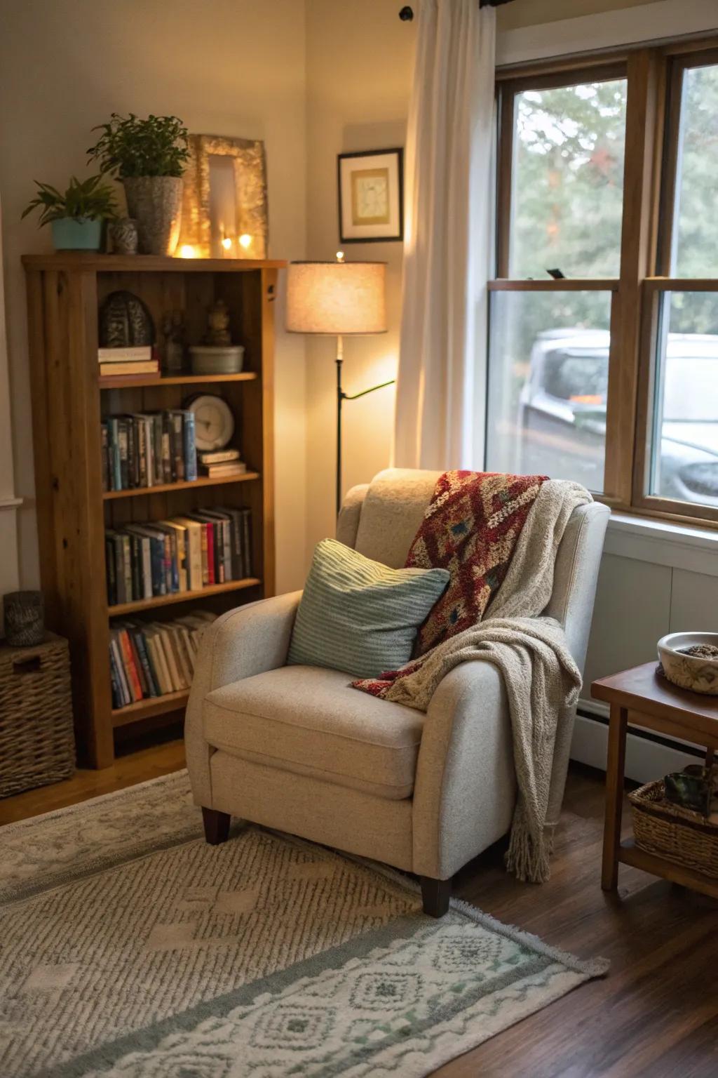 A reading nook in the living room offers a perfect spot for relaxation.