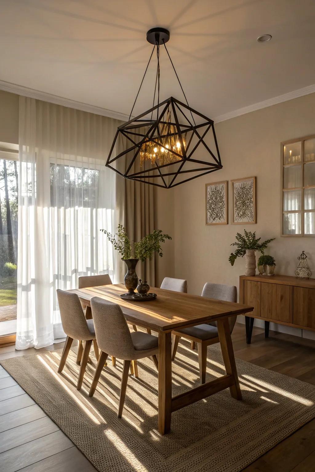 A geometric light fixture lending modern flair to a dining room.