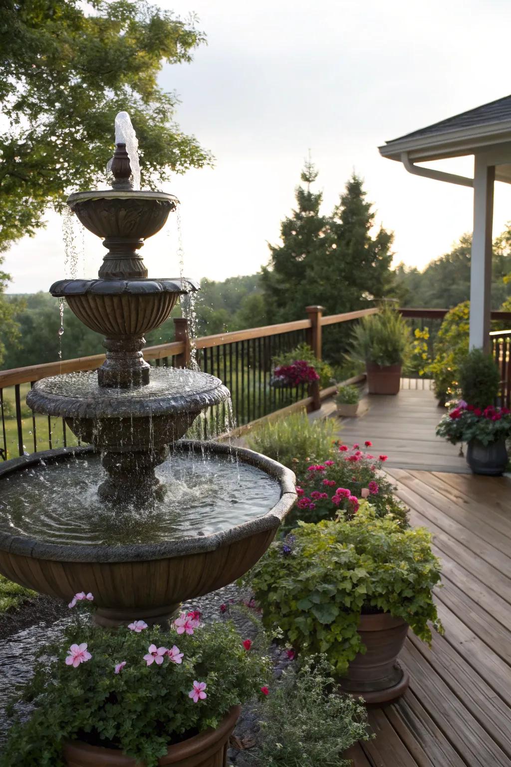 A small water fountain adding ambiance near a raised deck.