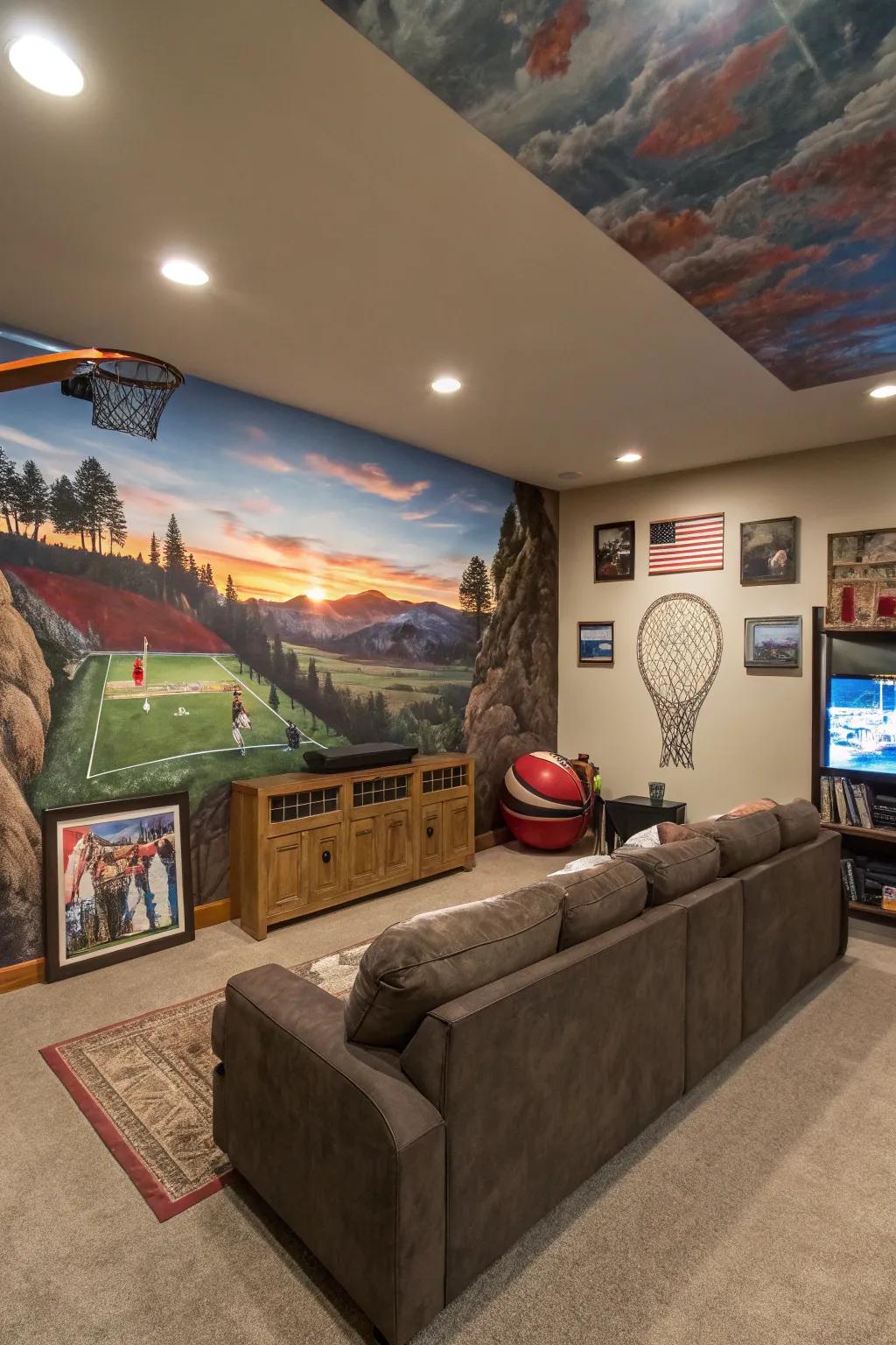 Creative wall murals making a bold statement inside a man cave.