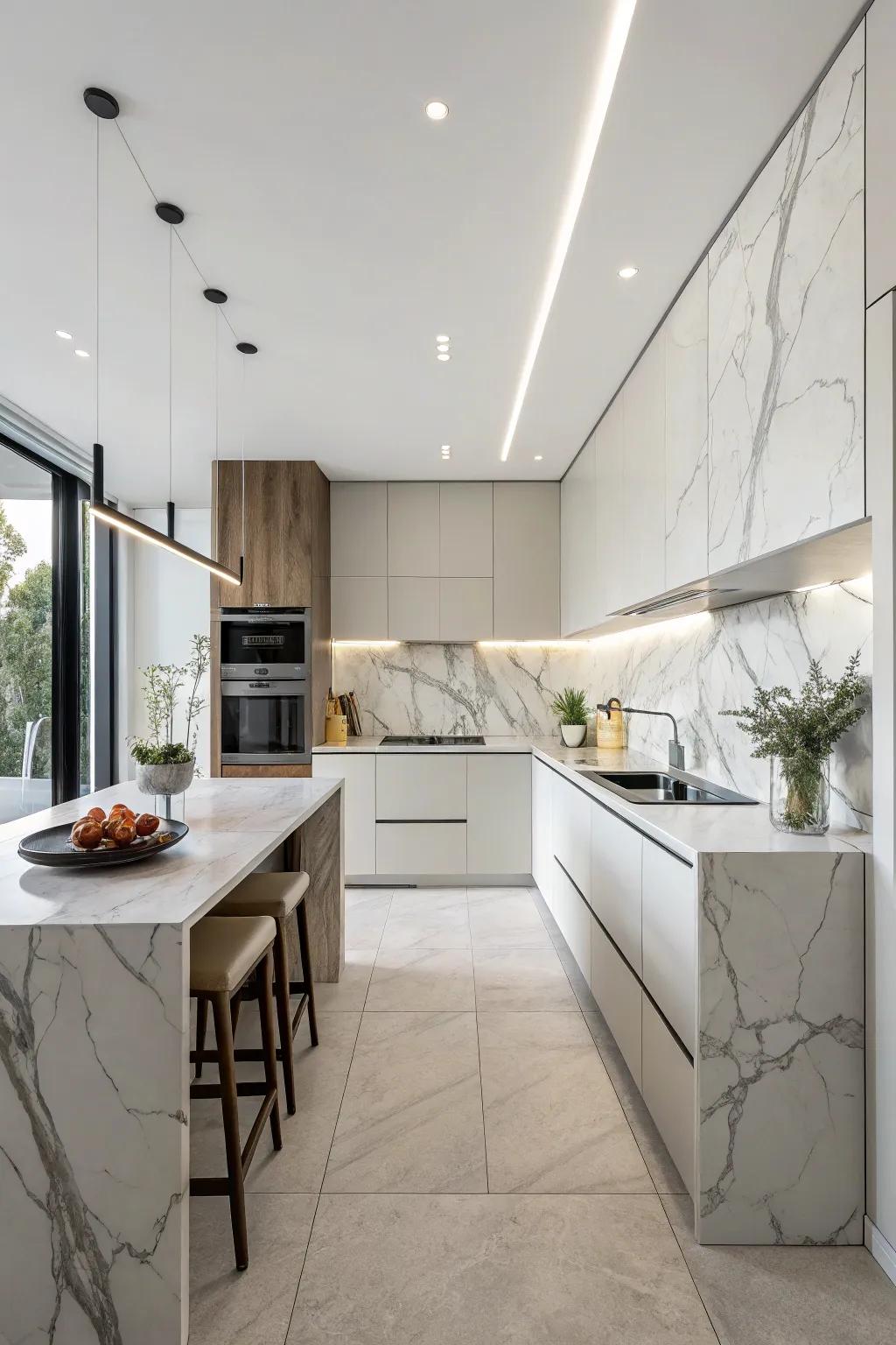 A streamlined kitchen showcasing a stone panel with a smooth surface.