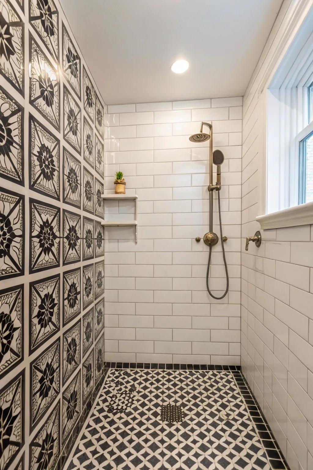 A walk-in shower with creative patterned tiles.