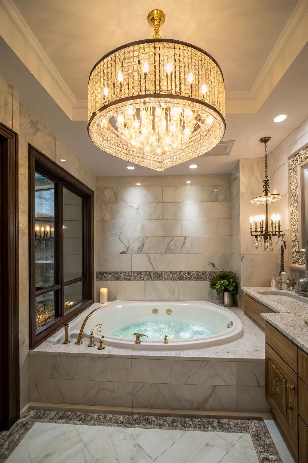 A chandelier adds a touch of elegance and drama to the master bathroom.