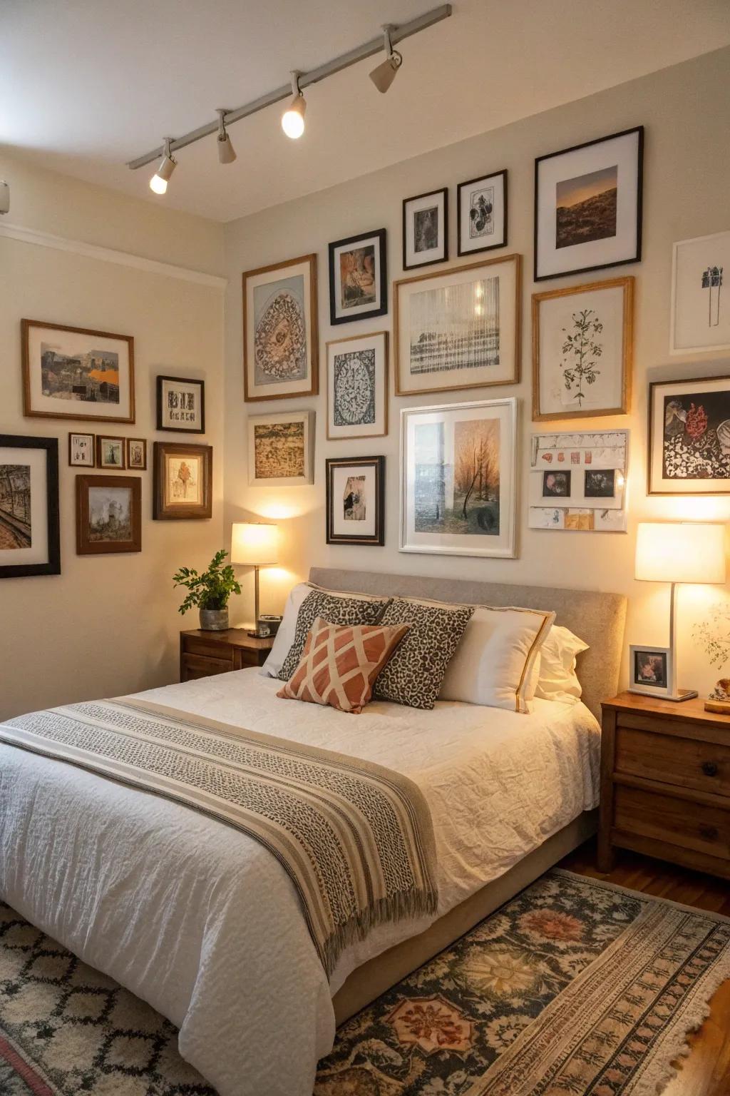 A sleeping area featuring an arranged gallery feature of artwork and images.