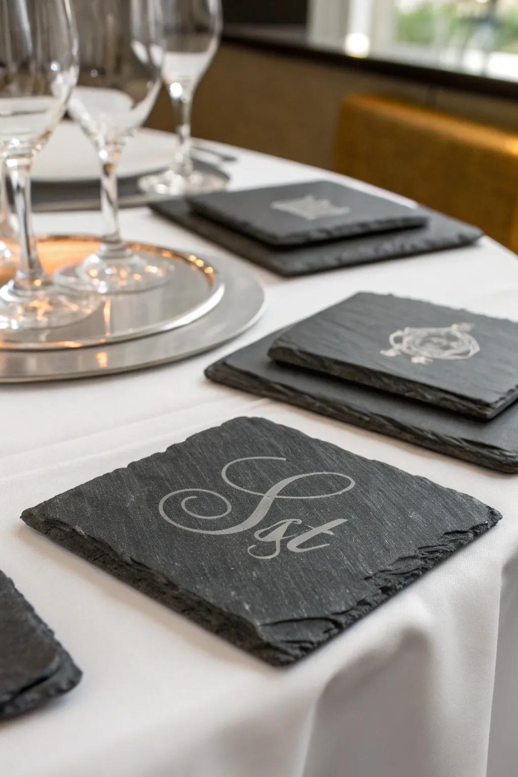 Slate coasters add a refined touch to any dining setup.