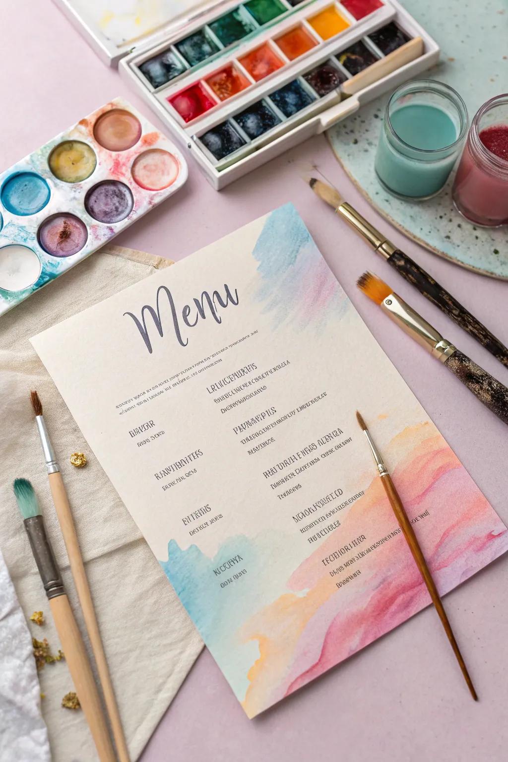 Watercolor backgrounds offer a soft, artistic touch to your menu.