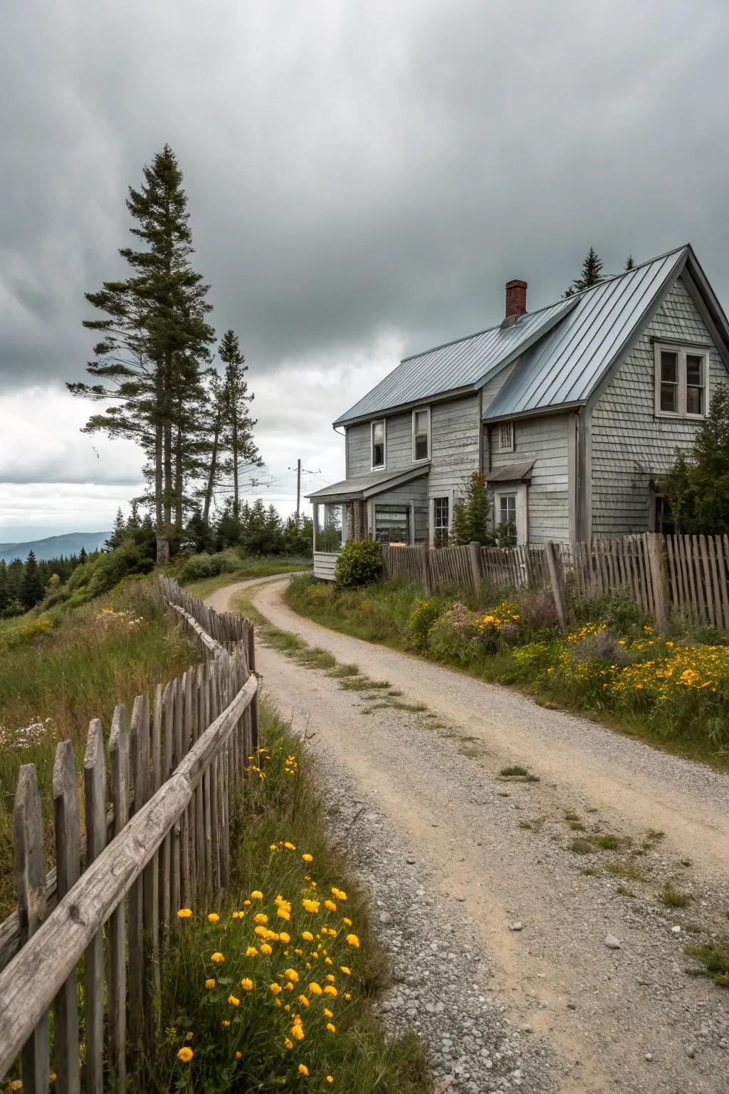 A rustic setting home showcasing weathered metal siding for a timeless charm.