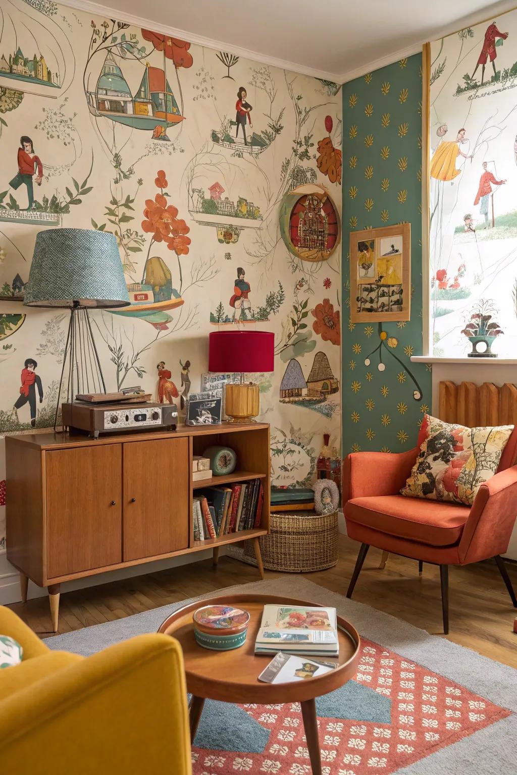 Creative setting with vintage illustrative mid-century wallpaper.