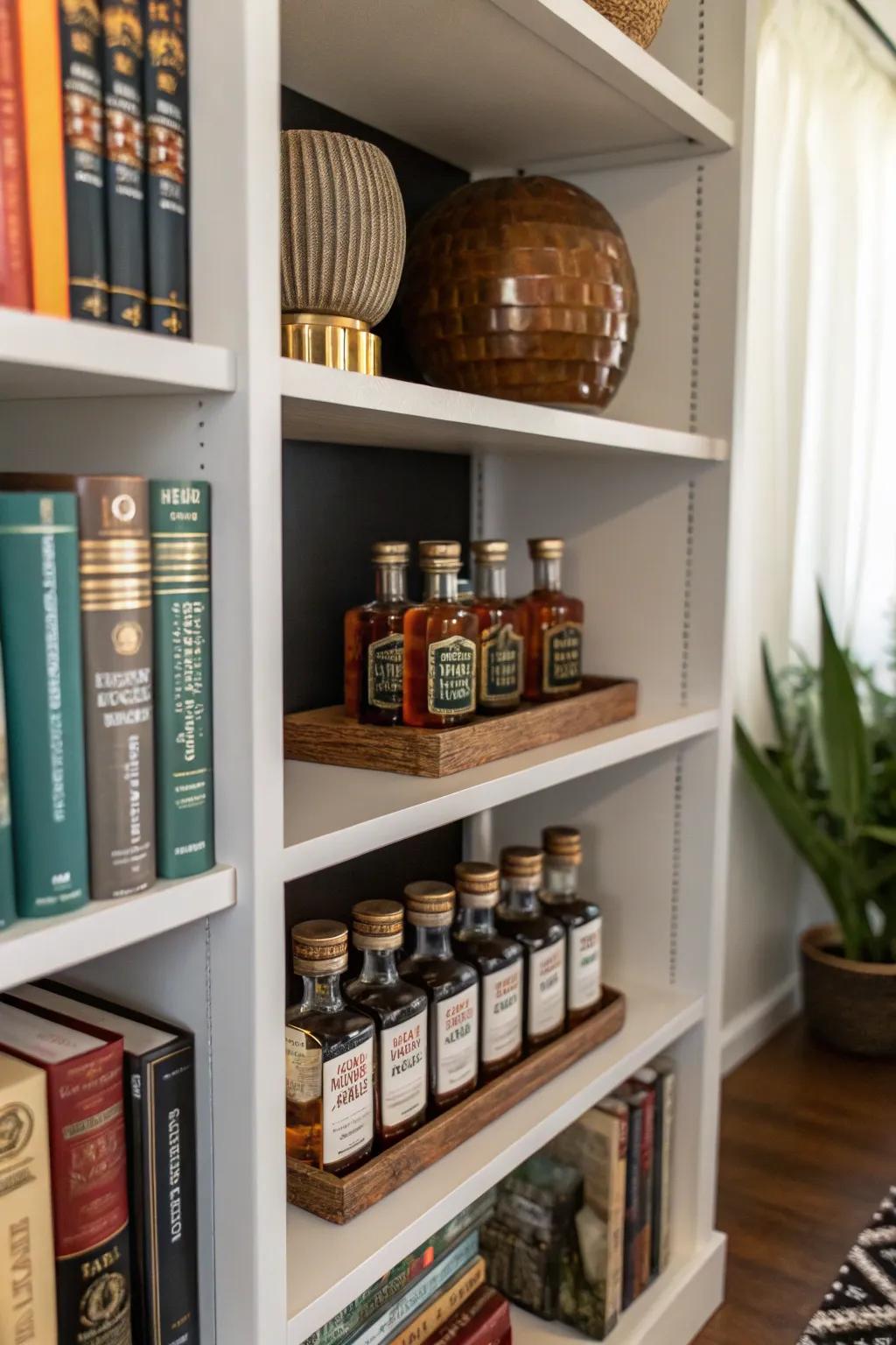 A bookshelf creatively integrating mini liquor bottles into its design.