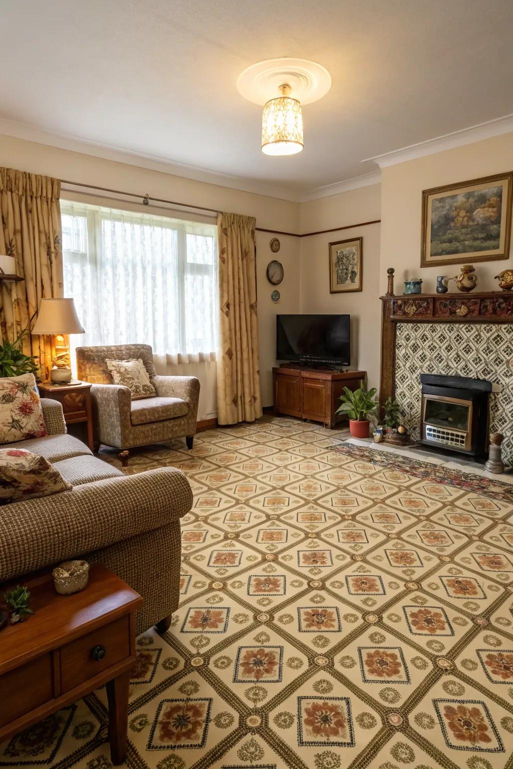 Living room with a retro patterned carpet for a touch of vintage charm