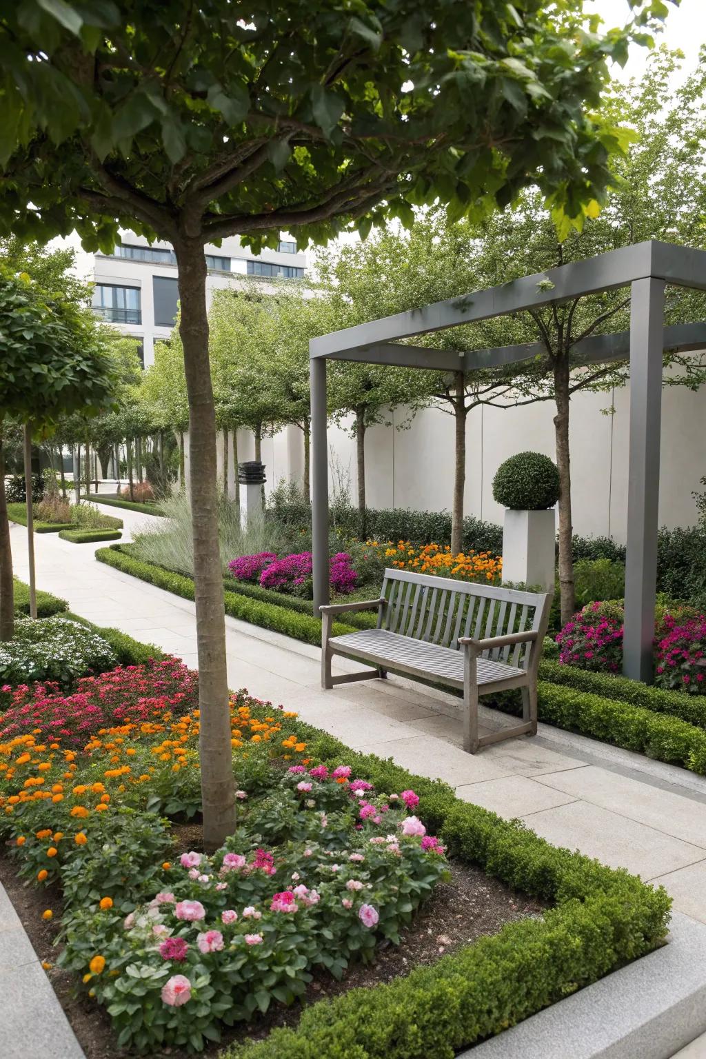 A private nook surrounded by flowers creates a peaceful retreat.