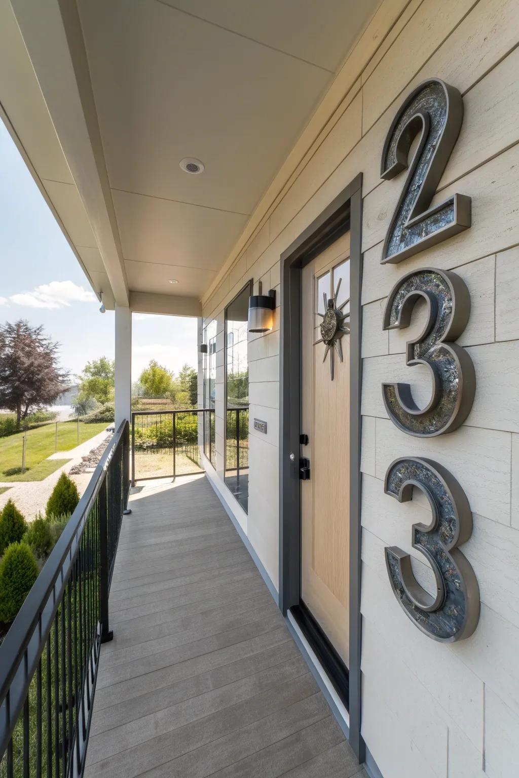 Unique house numbers add a personal touch to a modern porch.