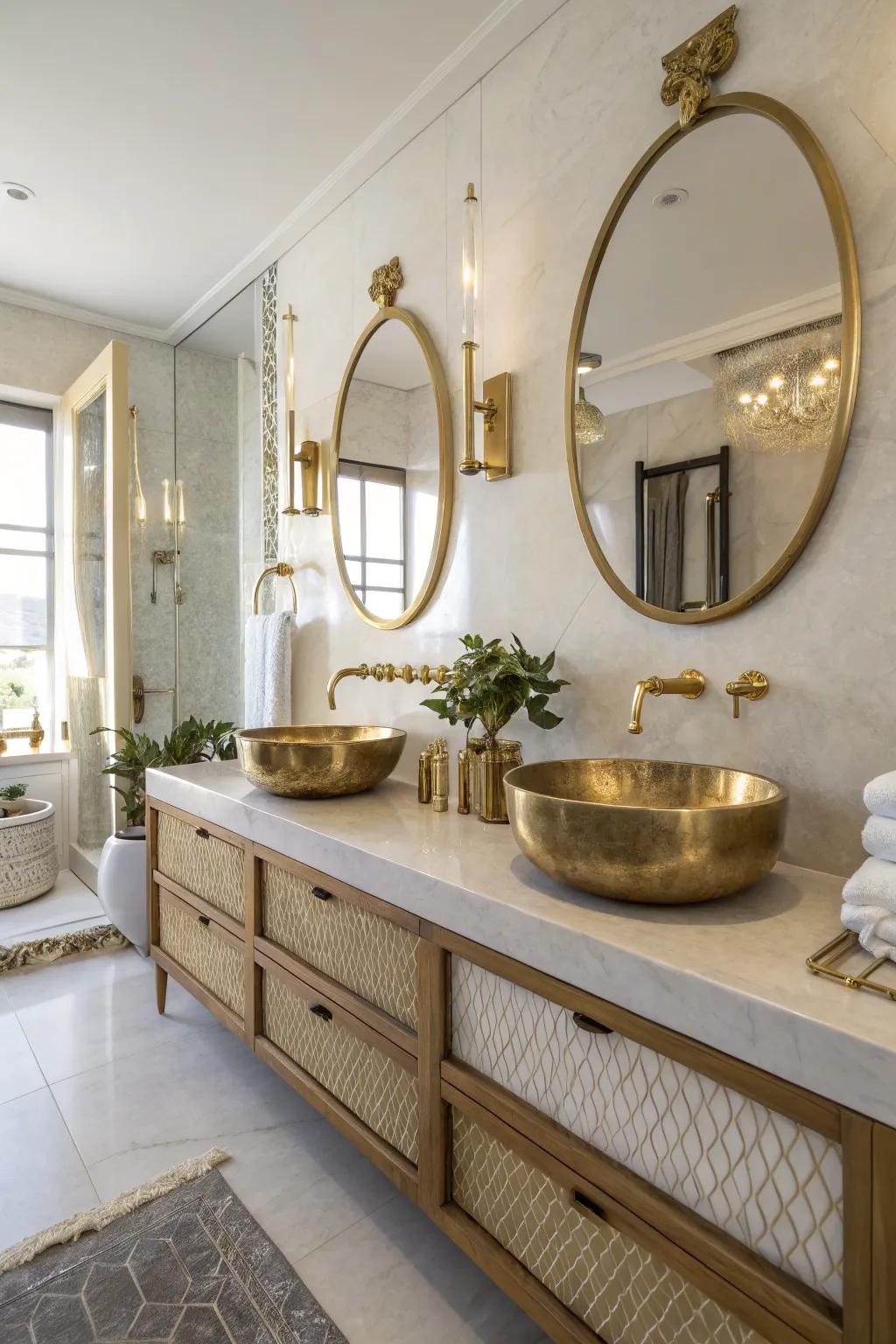 A bathroom accented with gold metallic fixtures for a touch of glamour.