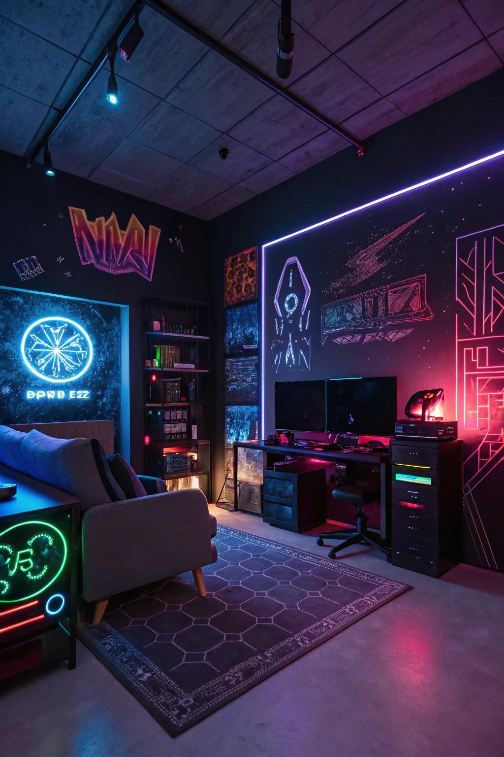 A unique space influenced by cyberpunk aesthetics.