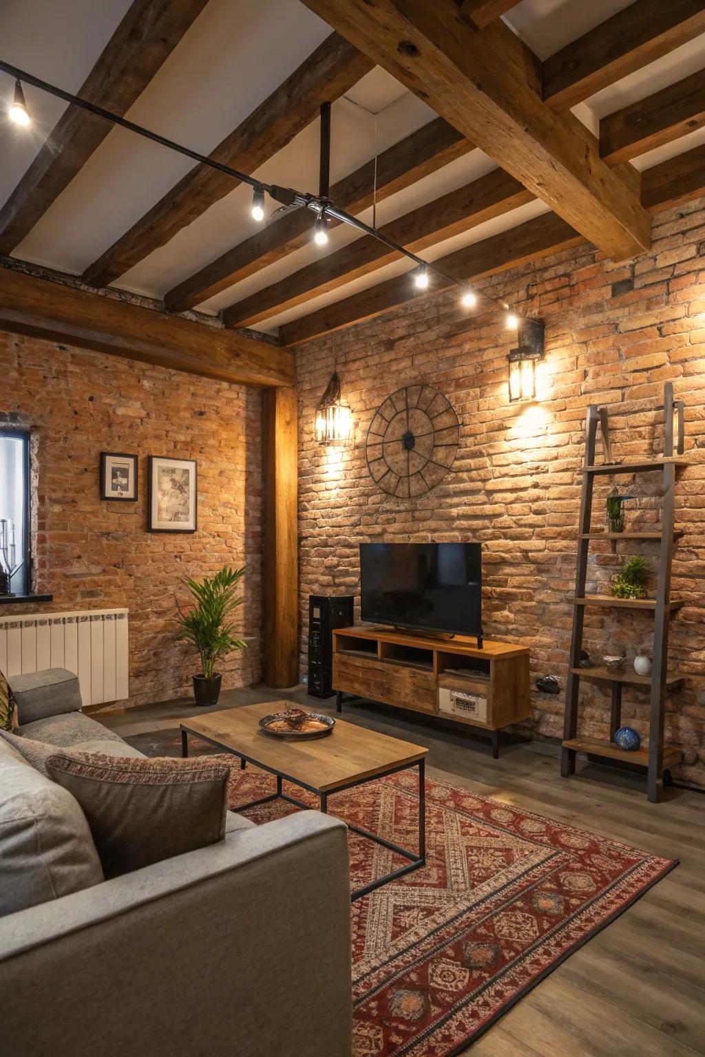 A rustic brick effect introduces texture and charm to the modern living room.