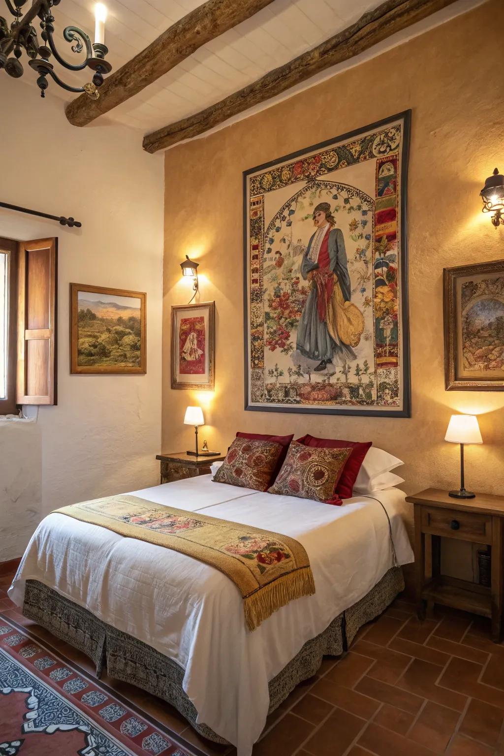 Traditional Spanish artwork adds cultural depth to a modern Spanish bedroom.