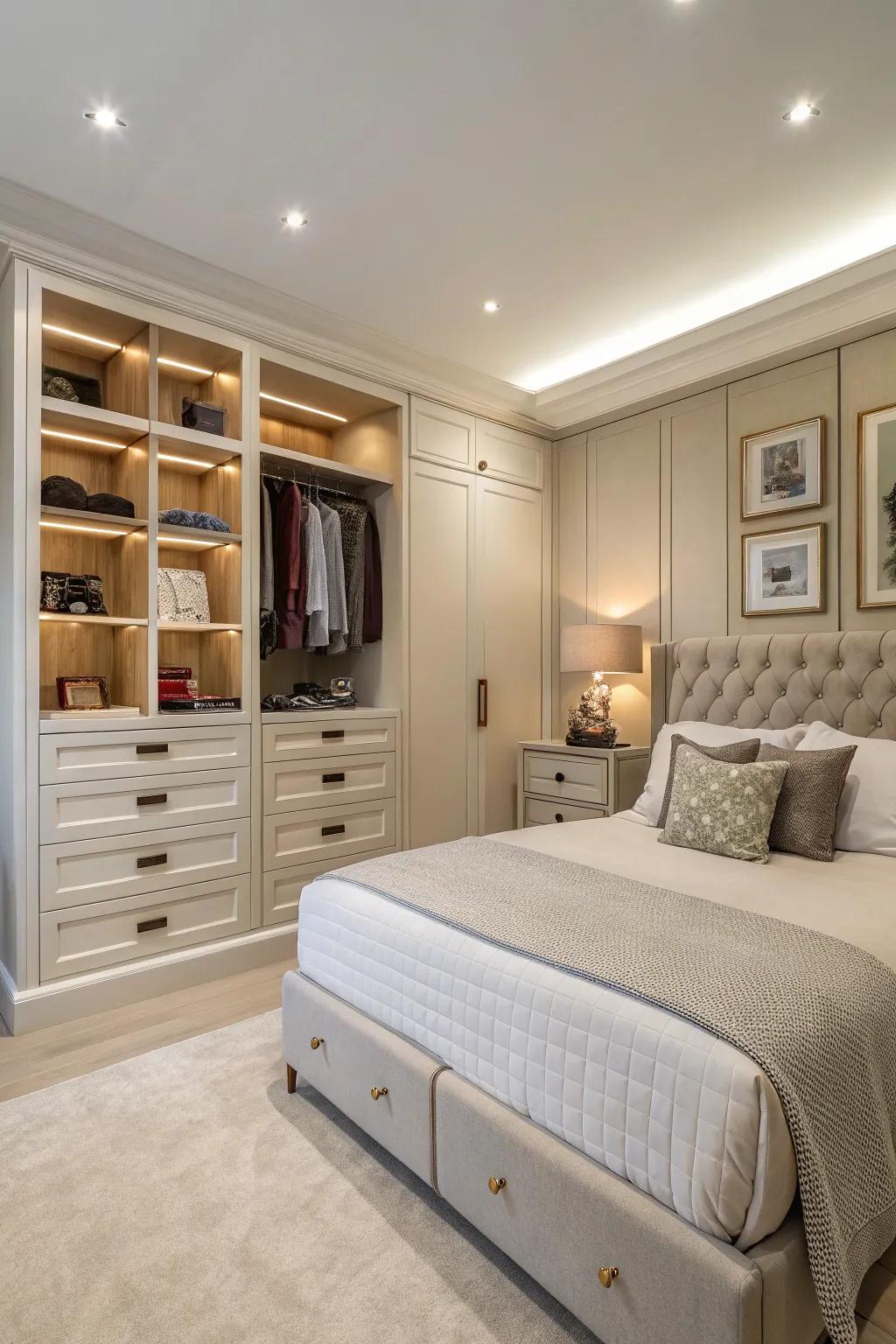 A bedroom with cleverly integrated hidden storage solutions.