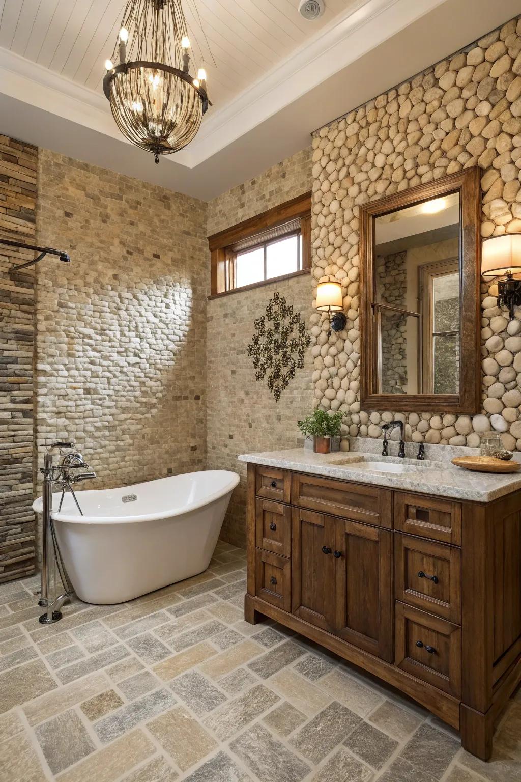 A rustic bathroom featuring elegant stone mosaic tiles.