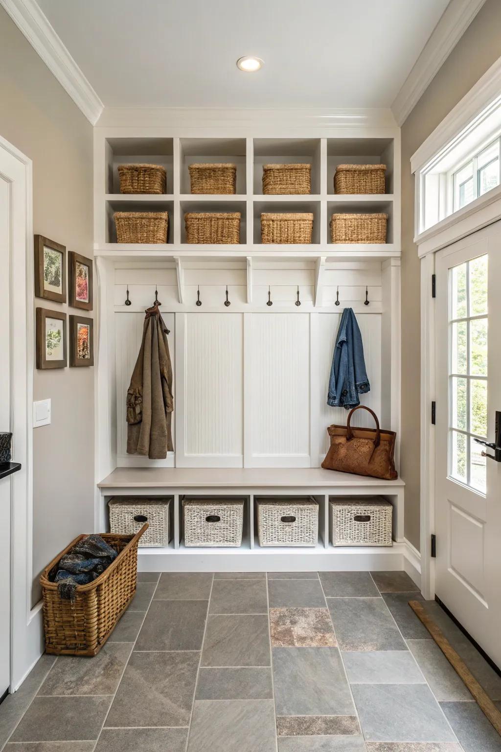 Mudroom with symmetrical decor that creates a balanced and harmonious look.