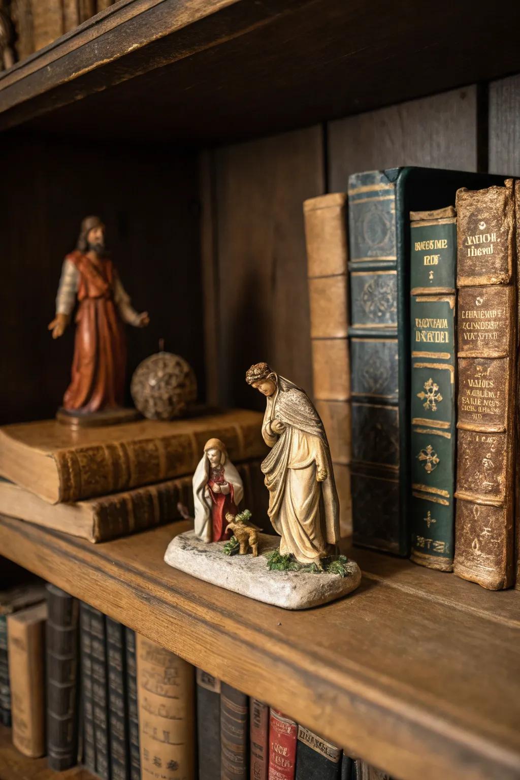 A literary-inspired nativity display with vintage books.