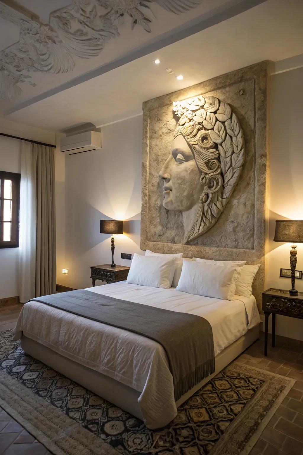 Sculptural art creates a dramatic and unexpected focal point in the bedroom.