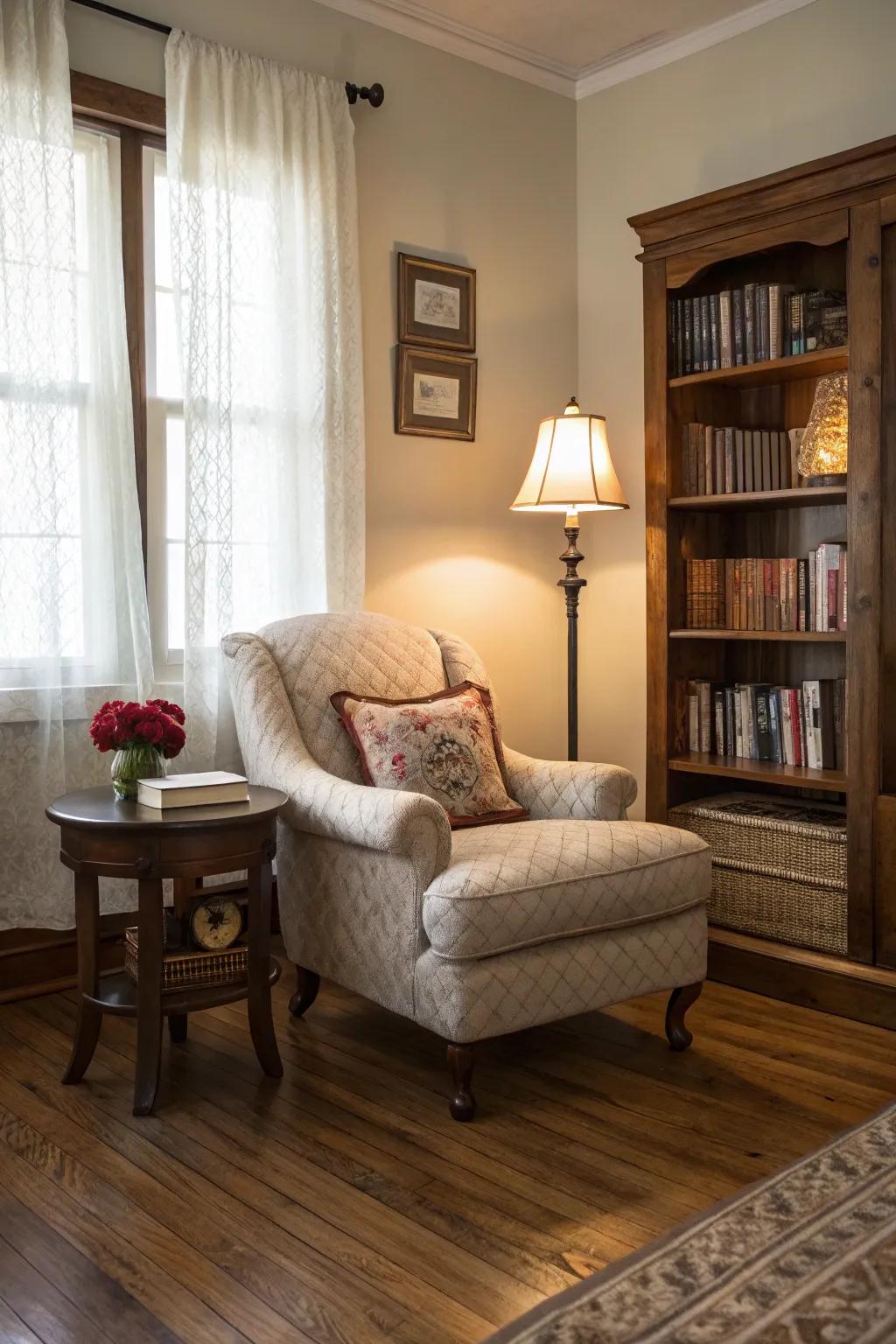 A cozy reading nook invites relaxation on oak floors.