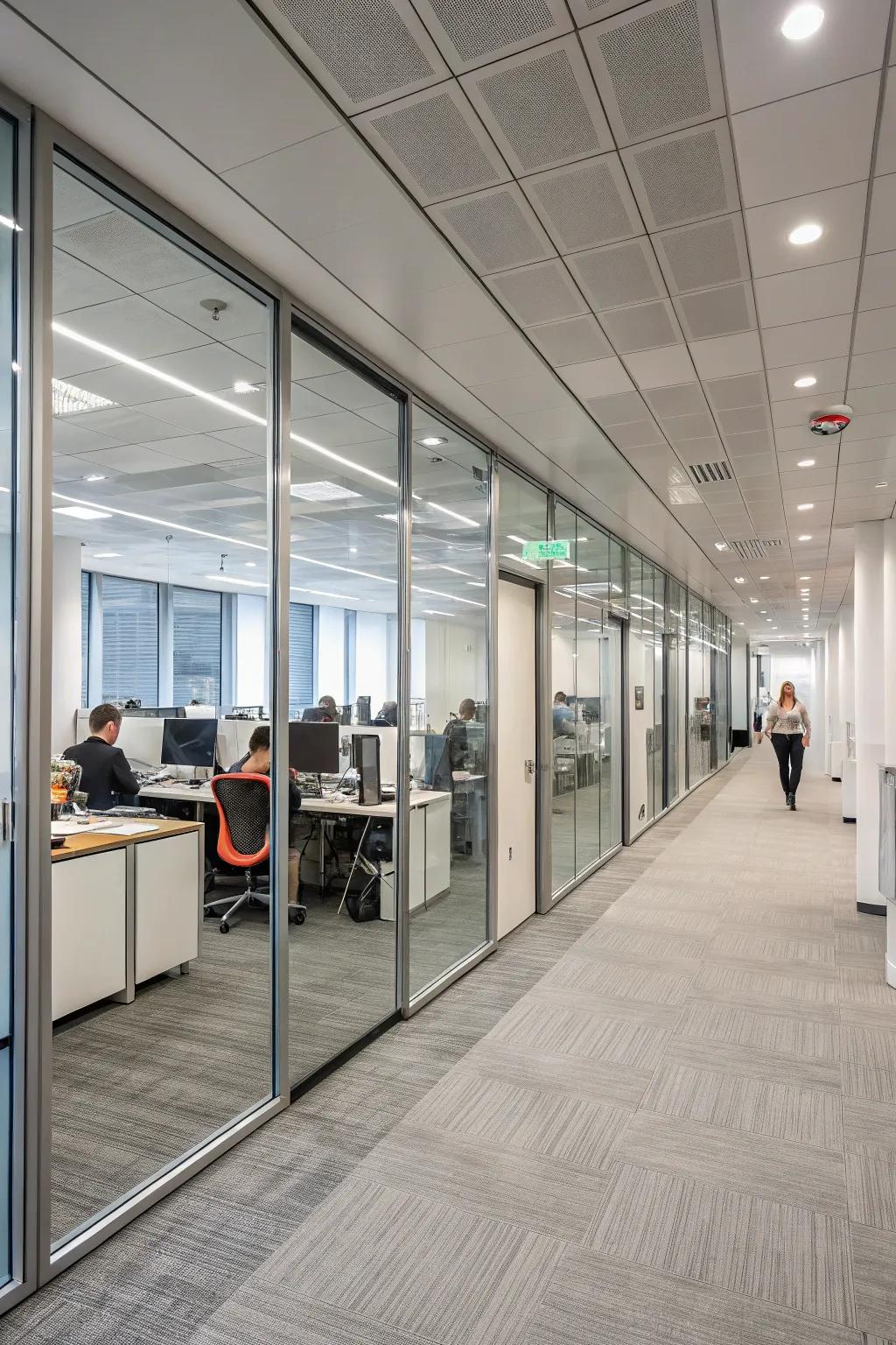 Mirrored screens reflect light and visually expand office spaces.